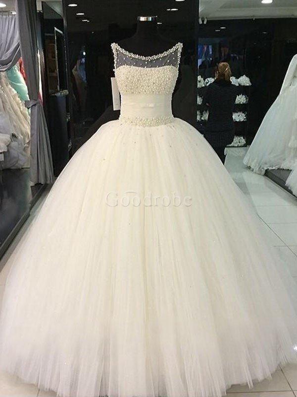 Robe de mariée naturel avec perle en tulle de mode de bal manche nulle