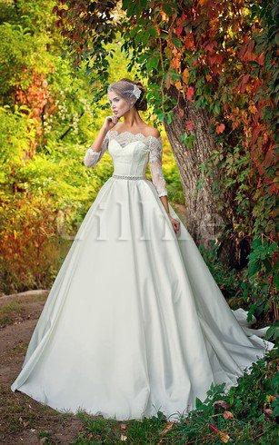 Abito da Sposa con Piega A Line Seghettato Scollo in Pizzo con Tre Quarti Lunghezza Maniche