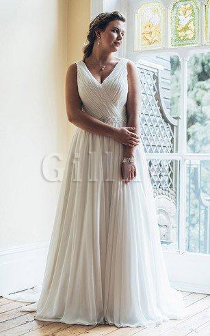 Abito da Sposa V Scollo con Increspato con Perline Stravagante con Piega