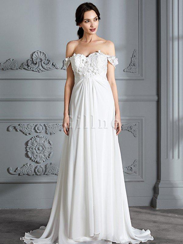 Abito da Sposa A-Line in Chiffon Naturale Fuori dalla spalla Principessa