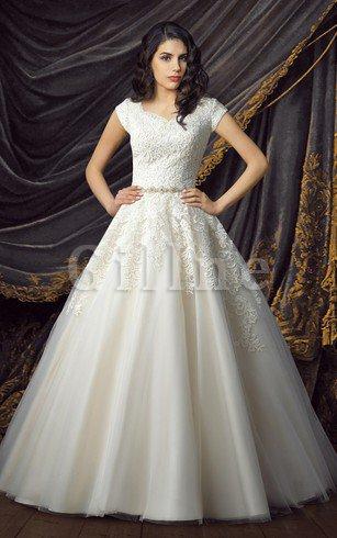 Abito da Sposa V Scollo Elegante in Pizzo Cappellino con Fusciacca