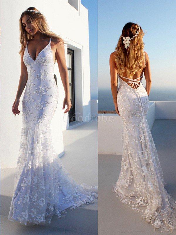 Robe de mariée manche nulle incroyable bretelles spaghetti de traîne moyenne