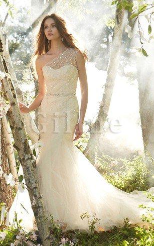 Abito da Sposa con Perline in Raso Monospalla in Tulle Coda A Strascico Corto