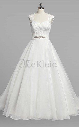 A Line Queen Neckline Gerüschtes Natürliche Taile Brautkleid mit Gekappten Ärmeln