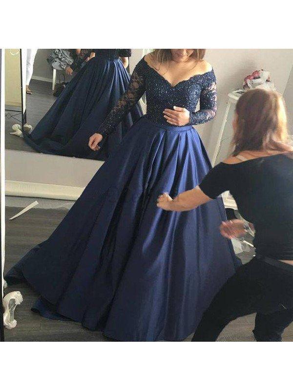 Perlenbesetztes Duchesse Linie Natürliche Taile Satin Abendkleid mit Langen Ärmeln