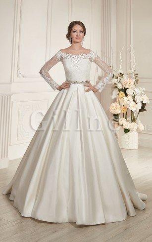 Abito da Sposa in Pizzo con Maniche Lunghe con Bottone A Line con Perline