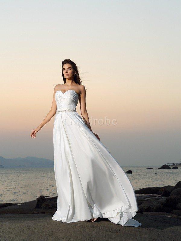 Robe de mariée longue de col en cœur avec sans manches en plage ligne a