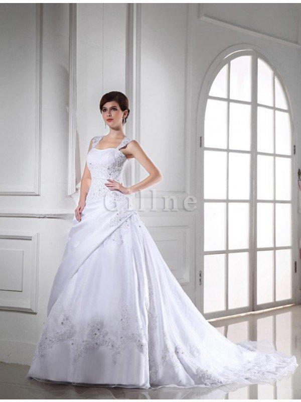 Abito da Sposa con Applique Radiosa Allacciato con Perline in Raso