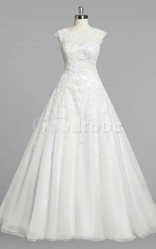 Robe de mariée naturel ligne a de traîne moyenne en organza col ras du cou