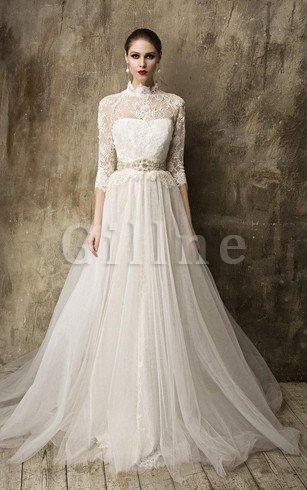 Abito da Sposa A Line Allacciato con Tre Quarti Lunghezza Maniche tradizionale Elegante