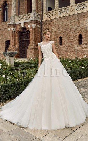 Abito da Sposa in Tulle con Applique Largo in Pizzo A Terra