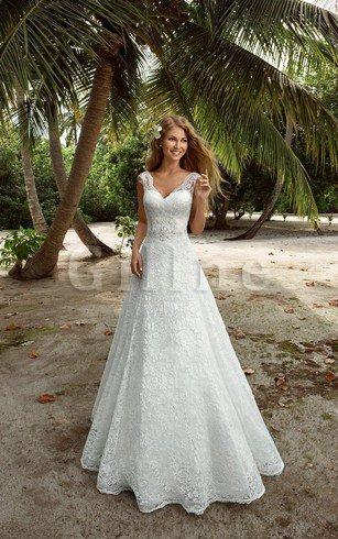 Abito da Sposa Elegante in Pizzo Senza Maniche con Perline con Applique