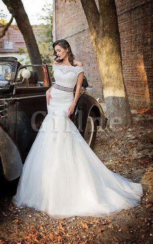 Abito da Sposa Naturale con Perline Medievale Lungo in Tulle