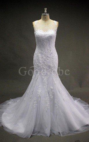 Robe de mariée avec perle avec décoration dentelle manche nulle encolure ronde en tulle