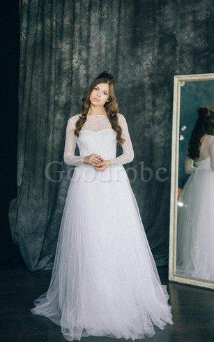 Robe de mariée plissé romantique en tulle de traîne courte avec manche longue