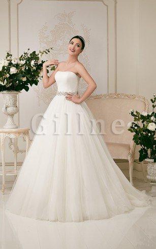 Abito da Sposa Senza Spalline Naturale con Cristino in Tulle A Terra