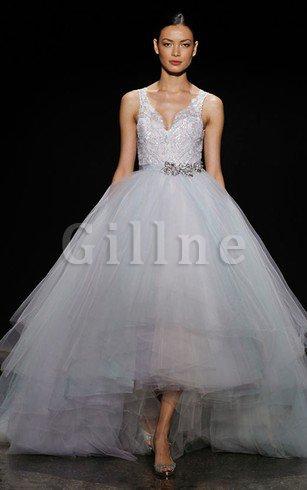 Abito da Sposa A Line Senza Maniche in Pizzo con Nastro in Tulle