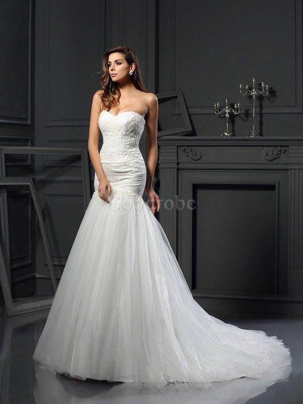 Robe de mariée longue decoration en fleur de sirène avec sans manches de col en cœur