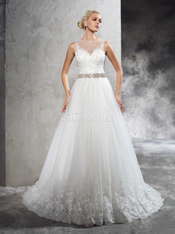 Robe de mariée longue naturel a-ligne de princesse de traîne