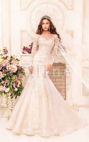 Abito da Sposa Sirena Profondo V scollo con Applique con Maniche Lunghe Sensuale