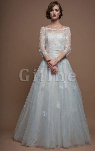 Abito da Sposa Largo A Line con Applique in Tulle Naturale