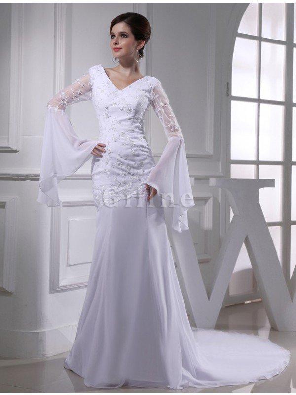 Abito da Sposa in Chiffon Cerniera V Scollo Alta Vita Coda A Strascico Cappella