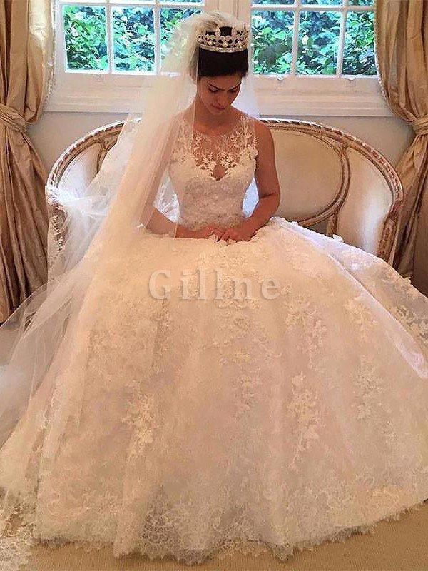 Abito da Sposa Naturale A Line con Applique Tondo in Pizzo