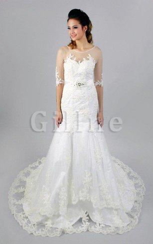 Abito da Sposa Originale con Perline Tondo in Pizzo con Mezze Maniche