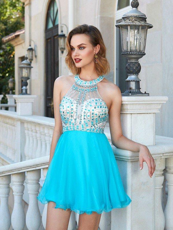 Nackenband Rückenfreies Chiffon Mini Cocktailkleid mit Perlen