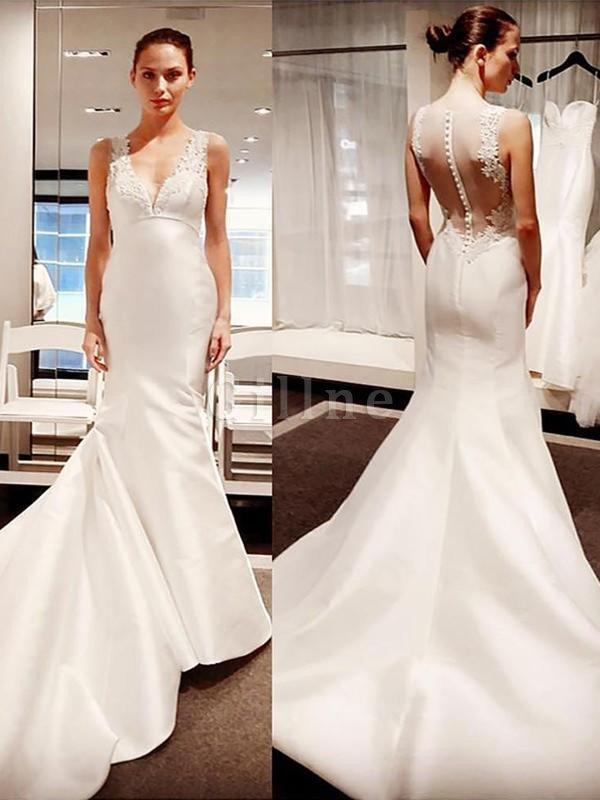 Abito da sposa con ricamo naturale semplice v scollo lunghi elegante