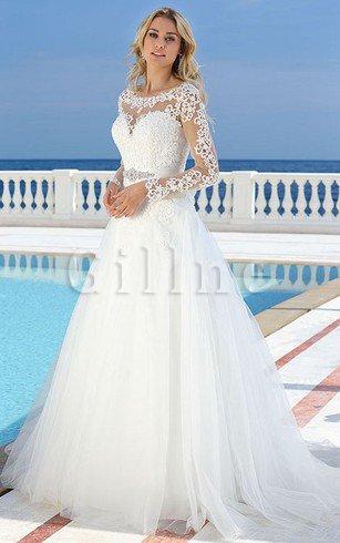 Abito da Sposa in Tulle Tondo con Applique con Perline con Bottone