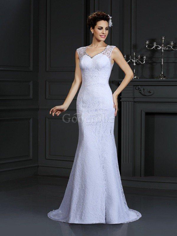 Robe de mariée naturel longue avec décoration dentelle v encolure