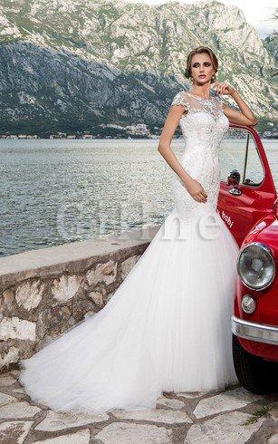 Abito da Sposa decorato Naturale con Applique Cappellino con Manica Corte