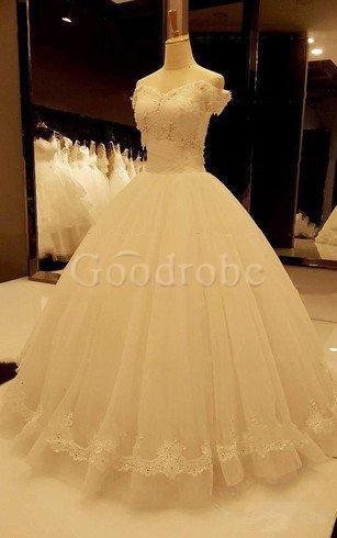 Robe de mariée naturel jusqu'au sol v encolure avec perle avec décoration dentelle