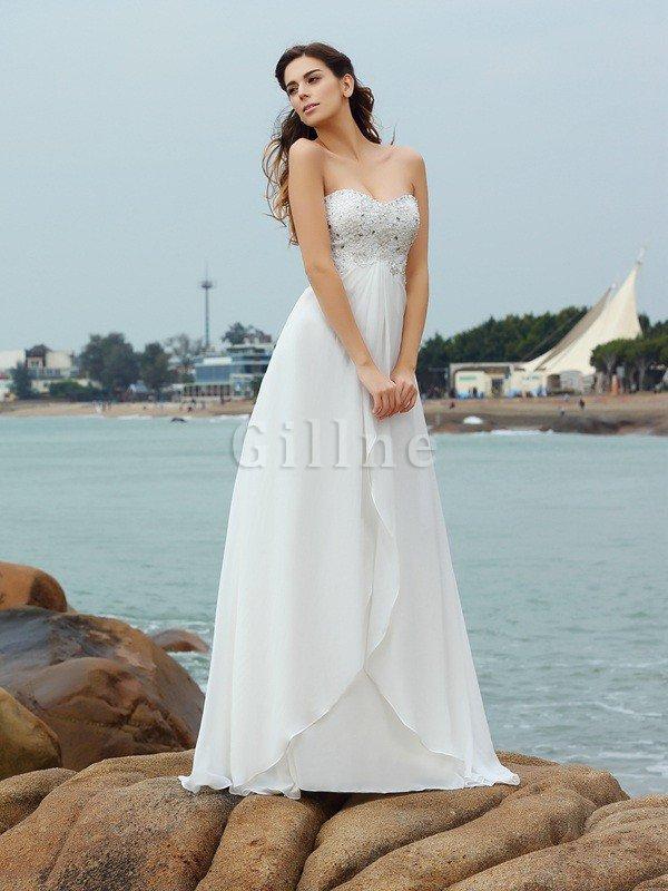 Abito da Sposa A Terra in Chiffon a Spiaggia Lungo con Perline