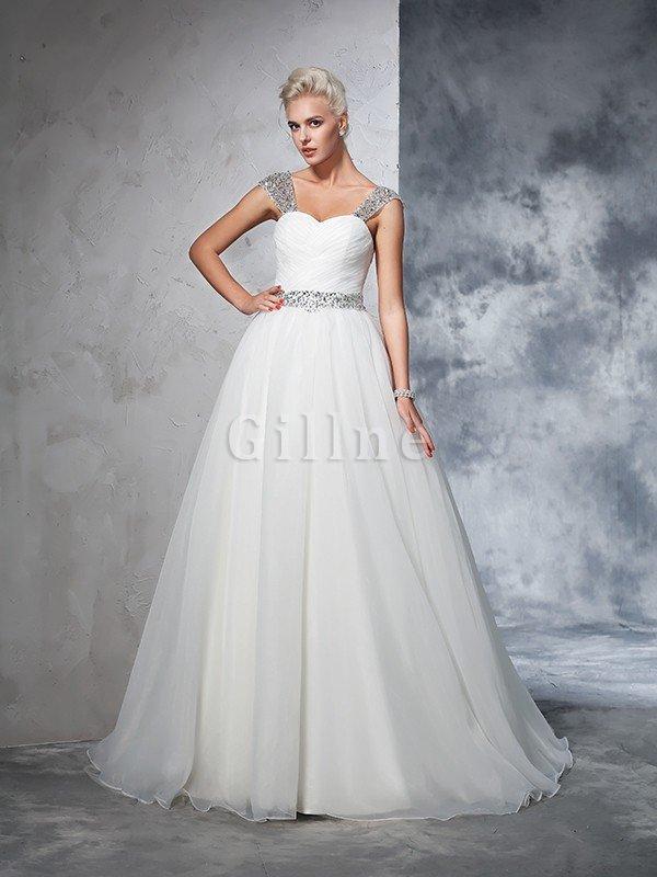 Abito da Sposa Largo Bretelle Ball Gown con Increspato Lungo Senza Maniche