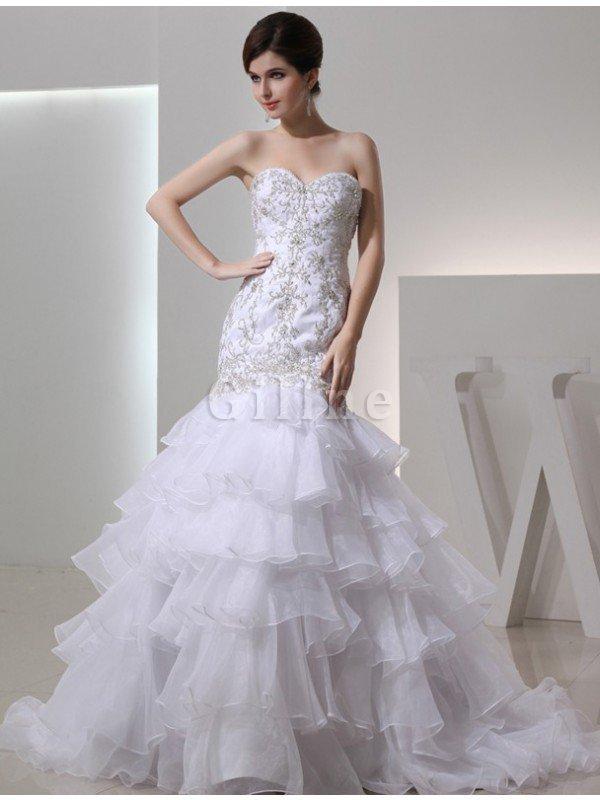 Abito da Sposa Allacciato con Ricamo in Organza con Perline Sirena