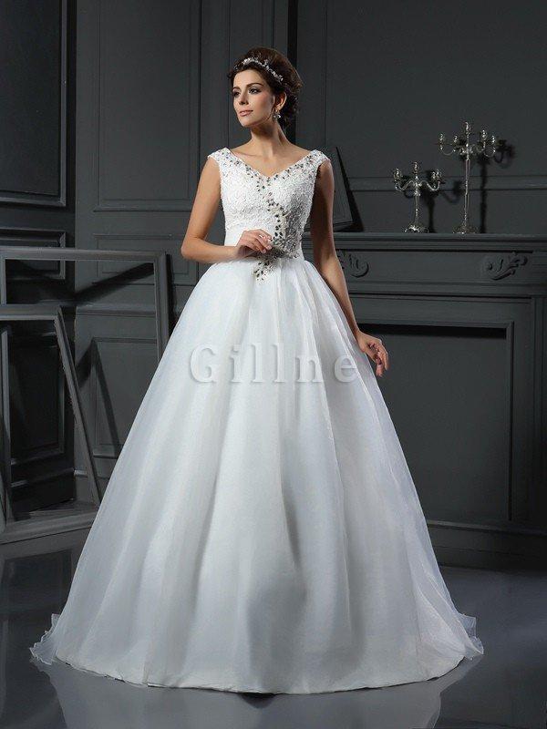 Abito da Sposa Principessa Cerniera V Scollo con Perline in Organza