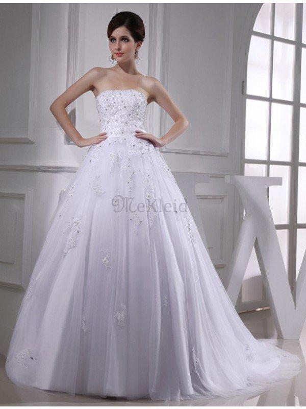 Ärmelloses Satin Kapelle Schleppe Duchesse Linie Brautkleid mit Applikation