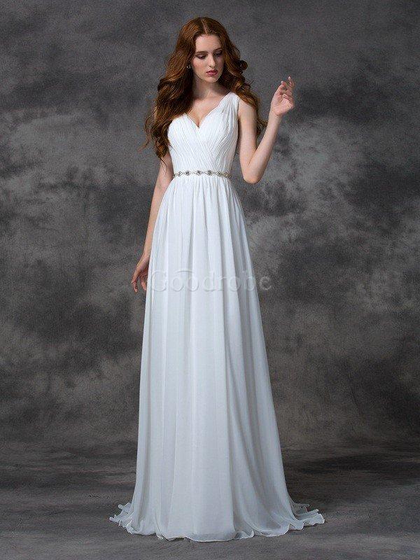 Robe de mariée longue sans dos avec chiffon v encolure avec perle