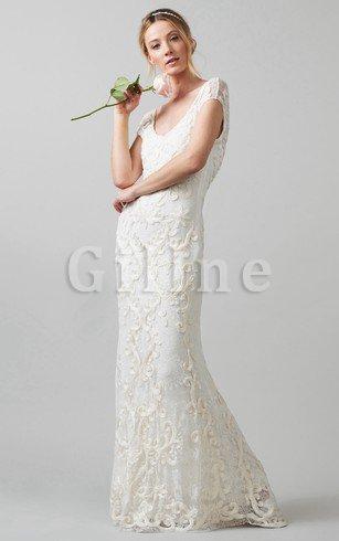 Abito da Sposa in Pizzo Moderno Cappellino V Scollo con Piega