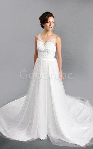 Robe de mariée plissage avec décoration dentelle manche nulle v encolure avec perle