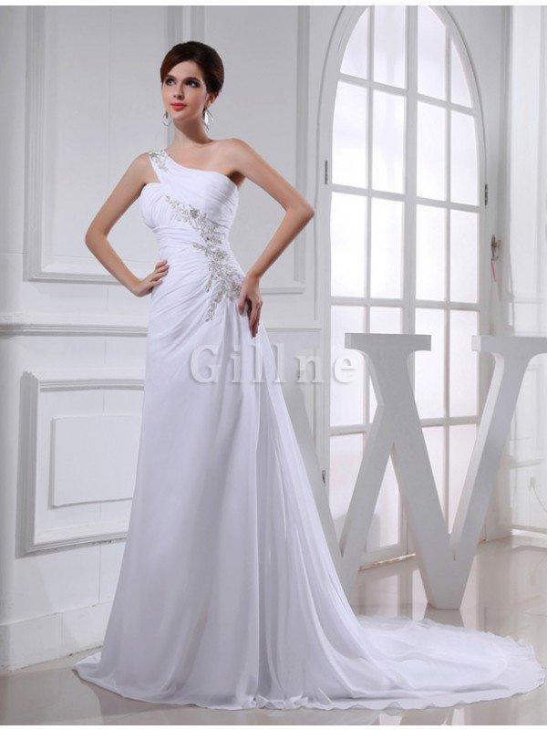 Abito da Sposa Monospalla in Chiffon A Line con Applique Coda A Strascico Corto