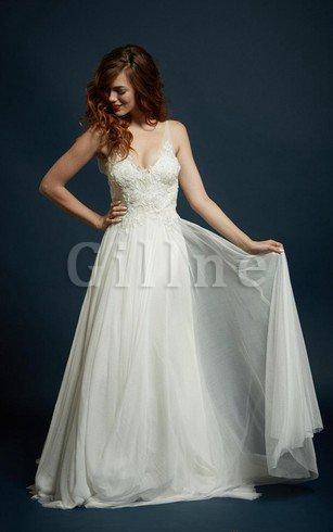 Abito da Sposa in Pizzo con Perline in Satin Elastico con Ricamo Spazzola Treno