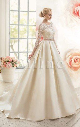 Abito da Sposa con Increspature A Line Conservatore Romantico in Pizzo