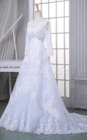 Robe de mariée naturel fermeutre eclair avec manche longue ligne a avec perle