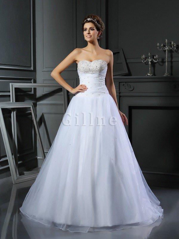 Abito da Sposa Lungo Senza Maniche Naturale con Perline Ball Gown