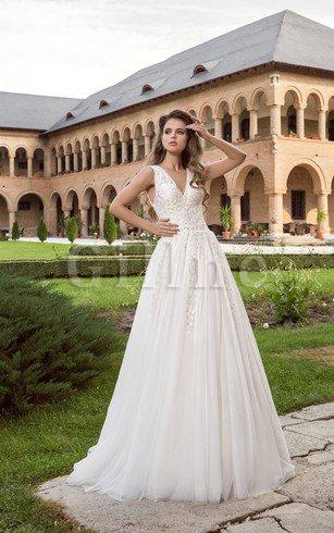 Abito da Sposa in Tulle con Applique Impero A Terra V Scollo