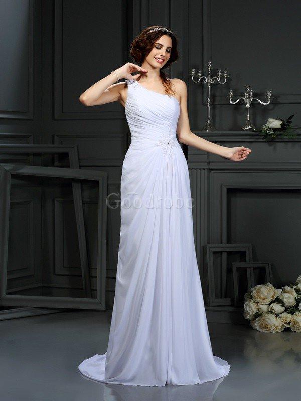 Robe de mariée longue naturel avec sans manches d'épaule asymétrique ligne a