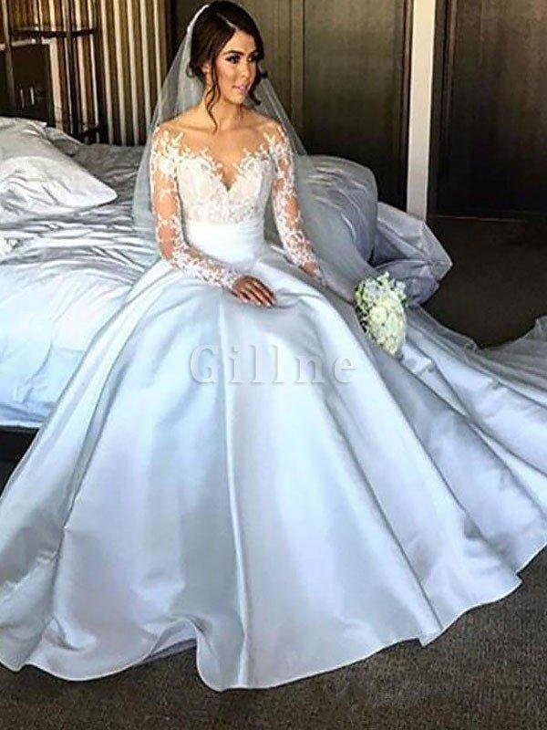 Abito da Sposa con Maniche Lunghe Ball Gown Naturale Fuori dalla spalla in Raso